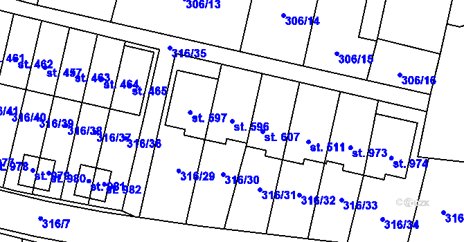 Parcela st. 596 v KÚ Kluky, Katastrální mapa