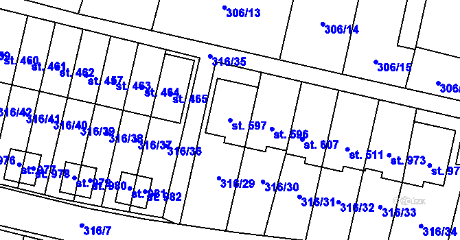 Parcela st. 597 v KÚ Kluky, Katastrální mapa