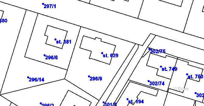 Parcela st. 629 v KÚ Kluky, Katastrální mapa