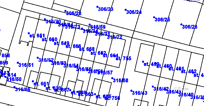 Parcela st. 664 v KÚ Kluky, Katastrální mapa