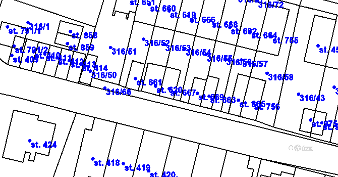 Parcela st. 667 v KÚ Kluky, Katastrální mapa