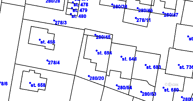 Parcela st. 694 v KÚ Kluky, Katastrální mapa