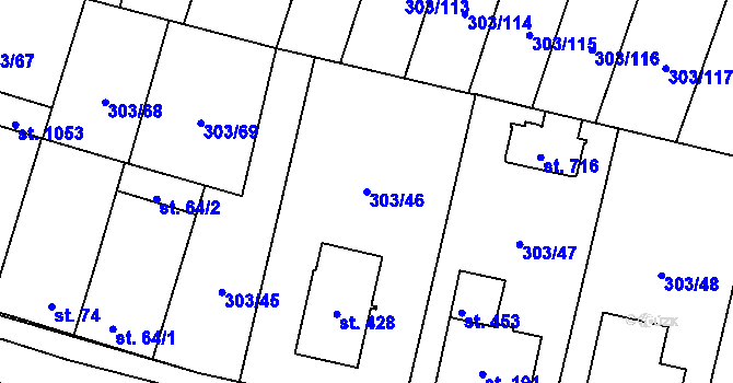 Parcela st. 303/46 v KÚ Kluky, Katastrální mapa