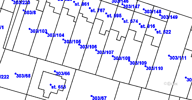 Parcela st. 303/107 v KÚ Kluky, Katastrální mapa