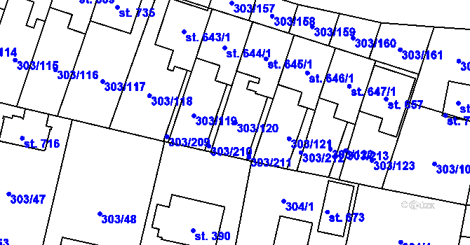 Parcela st. 303/120 v KÚ Kluky, Katastrální mapa