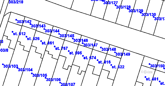 Parcela st. 303/147 v KÚ Kluky, Katastrální mapa