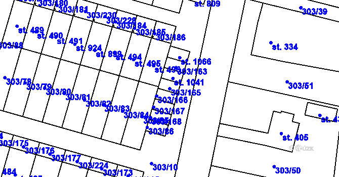 Parcela st. 303/165 v KÚ Kluky, Katastrální mapa