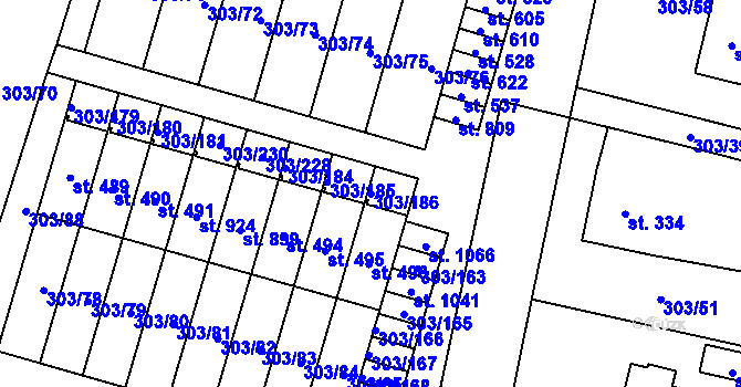 Parcela st. 303/186 v KÚ Kluky, Katastrální mapa
