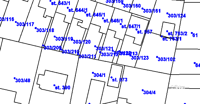 Parcela st. 303/212 v KÚ Kluky, Katastrální mapa