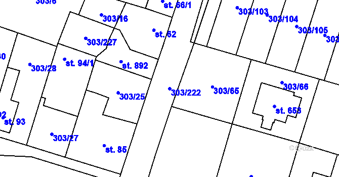 Parcela st. 303/222 v KÚ Kluky, Katastrální mapa