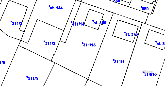 Parcela st. 311/13 v KÚ Kluky, Katastrální mapa