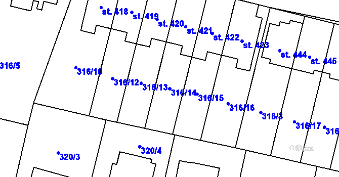 Parcela st. 316/14 v KÚ Kluky, Katastrální mapa