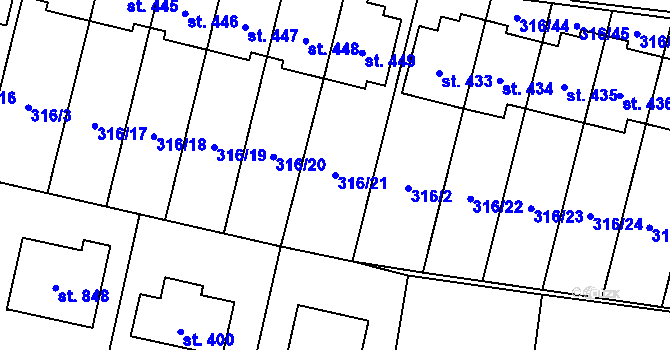Parcela st. 316/21 v KÚ Kluky, Katastrální mapa