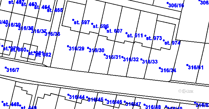 Parcela st. 316/31 v KÚ Kluky, Katastrální mapa