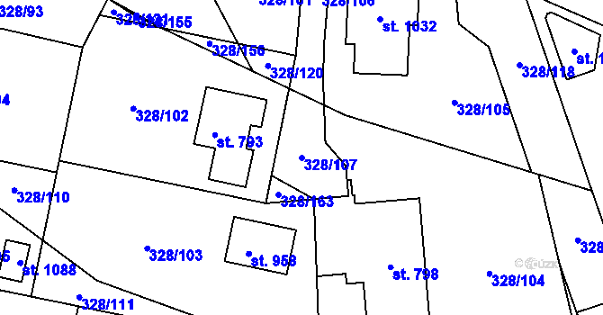 Parcela st. 328/107 v KÚ Kluky, Katastrální mapa