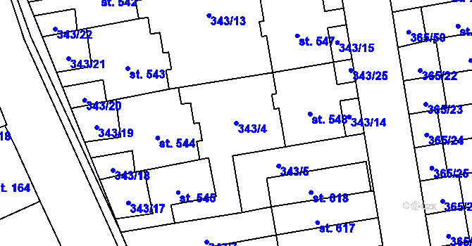 Parcela st. 343/4 v KÚ Kluky, Katastrální mapa