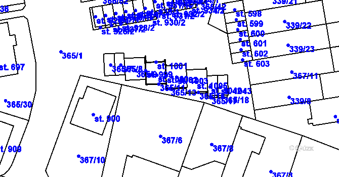 Parcela st. 365/13 v KÚ Kluky, Katastrální mapa