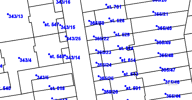 Parcela st. 365/23 v KÚ Kluky, Katastrální mapa