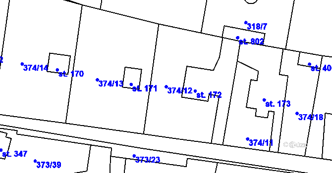 Parcela st. 374/12 v KÚ Kluky, Katastrální mapa