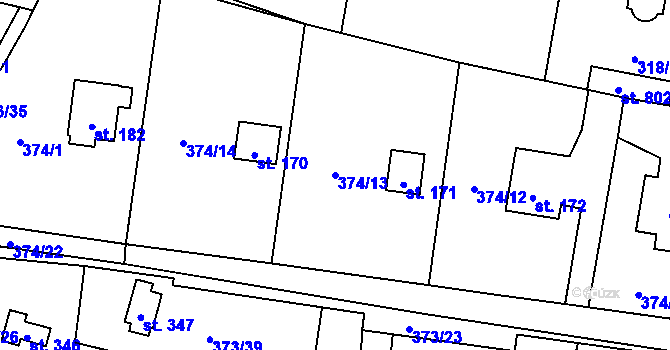 Parcela st. 374/13 v KÚ Kluky, Katastrální mapa