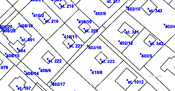 Parcela st. 402/16 v KÚ Kluky, Katastrální mapa