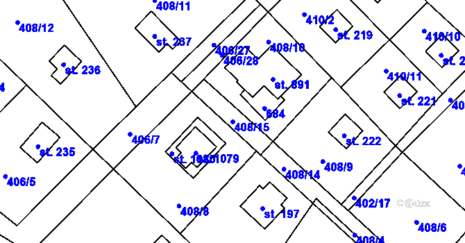 Parcela st. 408/15 v KÚ Kluky, Katastrální mapa