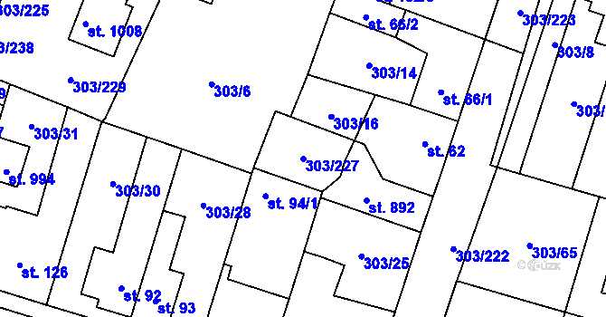 Parcela st. 303/227 v KÚ Kluky, Katastrální mapa