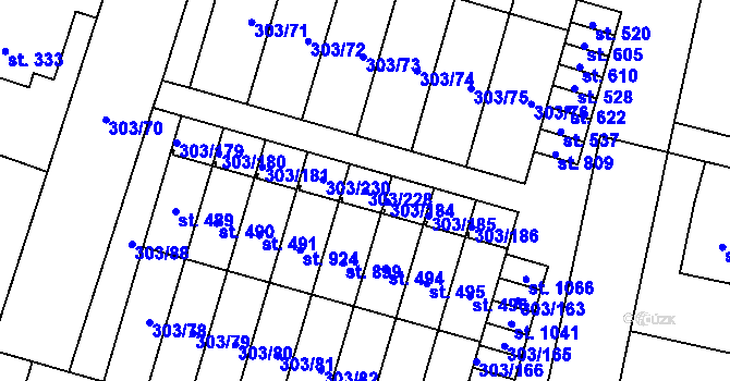 Parcela st. 303/228 v KÚ Kluky, Katastrální mapa