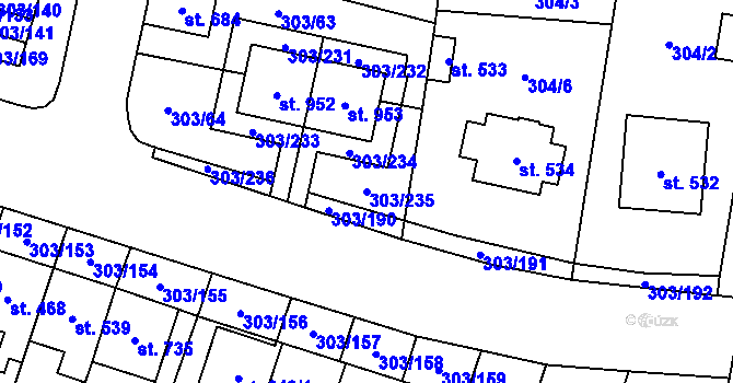 Parcela st. 303/235 v KÚ Kluky, Katastrální mapa