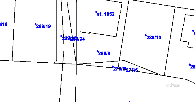 Parcela st. 288/9 v KÚ Kluky, Katastrální mapa