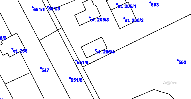 Parcela st. 206/4 v KÚ Hrádek, Katastrální mapa