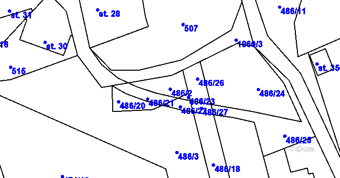 Parcela st. 486/2 v KÚ Hrádek, Katastrální mapa