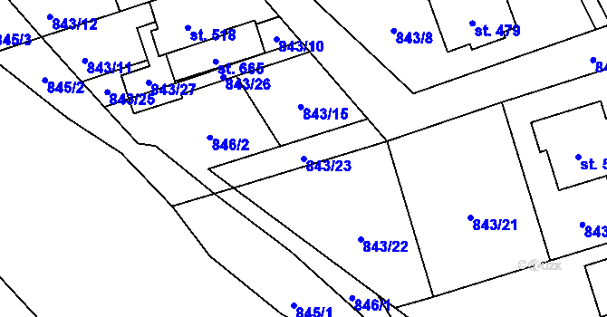 Parcela st. 843/23 v KÚ Hrádek, Katastrální mapa