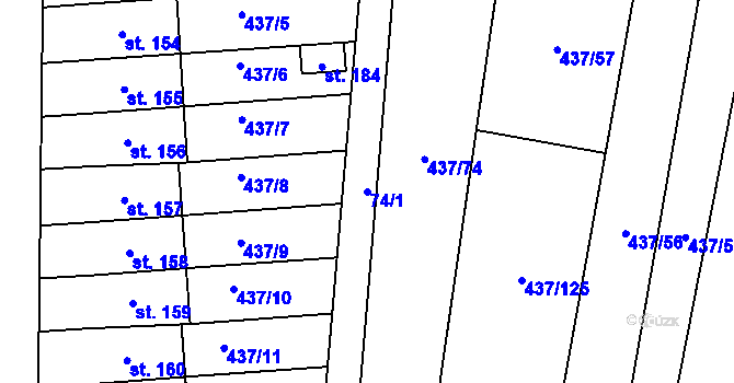 Parcela st. 74/1 v KÚ Hradešice, Katastrální mapa