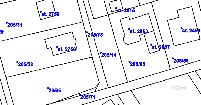 Parcela st. 205/14 v KÚ Hradištko pod Medníkem, Katastrální mapa