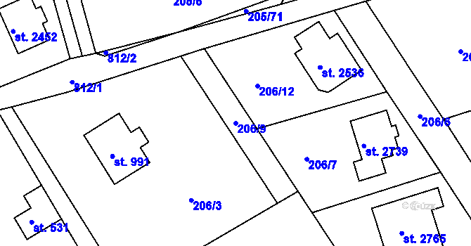 Parcela st. 206/9 v KÚ Hradištko pod Medníkem, Katastrální mapa