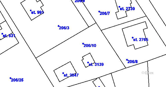 Parcela st. 206/10 v KÚ Hradištko pod Medníkem, Katastrální mapa