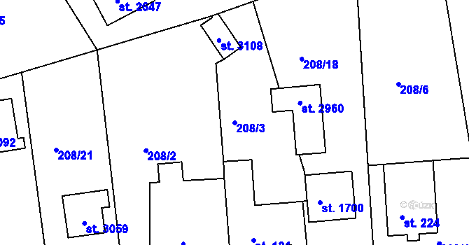 Parcela st. 208/3 v KÚ Hradištko pod Medníkem, Katastrální mapa