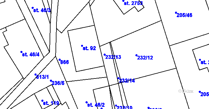 Parcela st. 232/13 v KÚ Hradištko pod Medníkem, Katastrální mapa