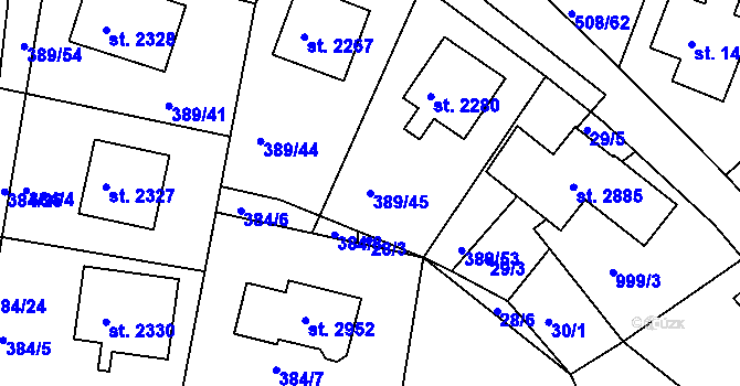 Parcela st. 389/45 v KÚ Hradištko pod Medníkem, Katastrální mapa