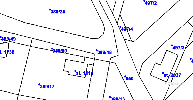 Parcela st. 389/48 v KÚ Hradištko pod Medníkem, Katastrální mapa