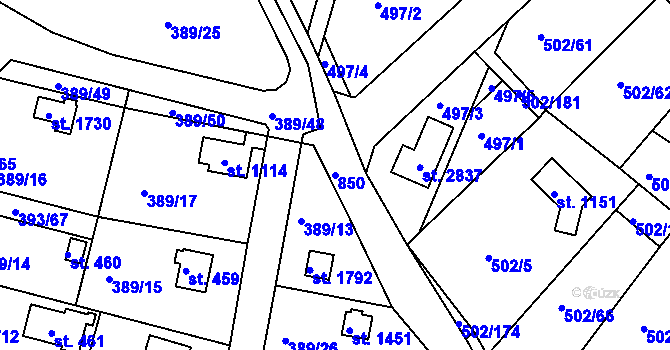 Parcela st. 850 v KÚ Hradištko pod Medníkem, Katastrální mapa
