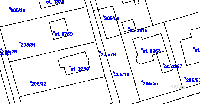 Parcela st. 205/78 v KÚ Hradištko pod Medníkem, Katastrální mapa