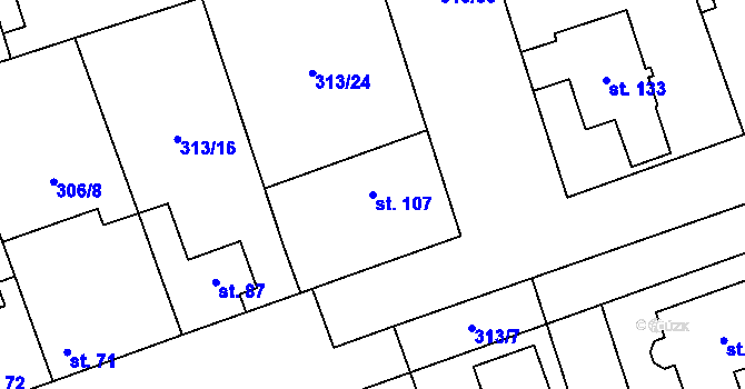 Parcela st. 107 v KÚ Hradišťko I, Katastrální mapa