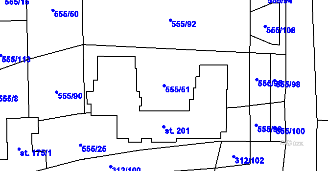 Parcela st. 555/51 v KÚ Hradišťko I, Katastrální mapa