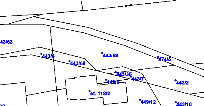 Parcela st. 443/69 v KÚ Hradišťko I, Katastrální mapa