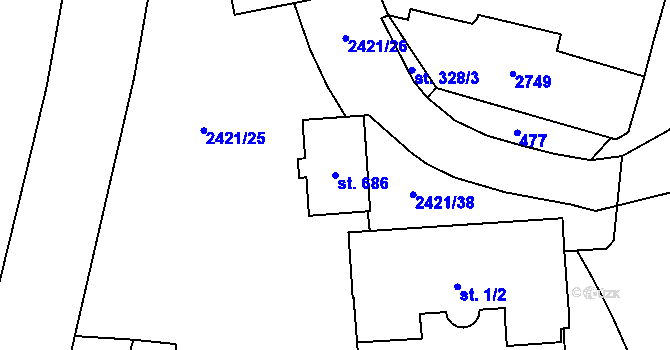 Parcela st. 686 v KÚ Hranice, Katastrální mapa