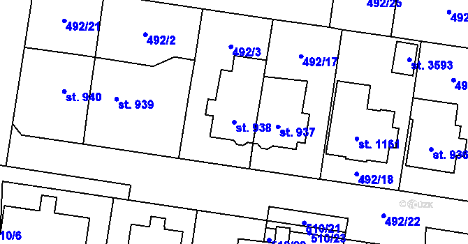 Parcela st. 938 v KÚ Hranice, Katastrální mapa