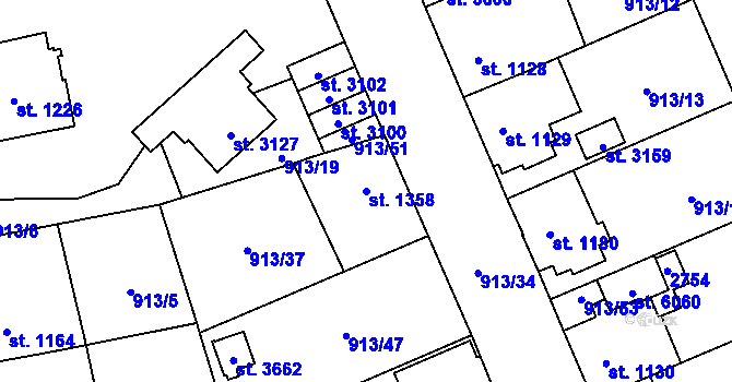 Parcela st. 1358 v KÚ Hranice, Katastrální mapa
