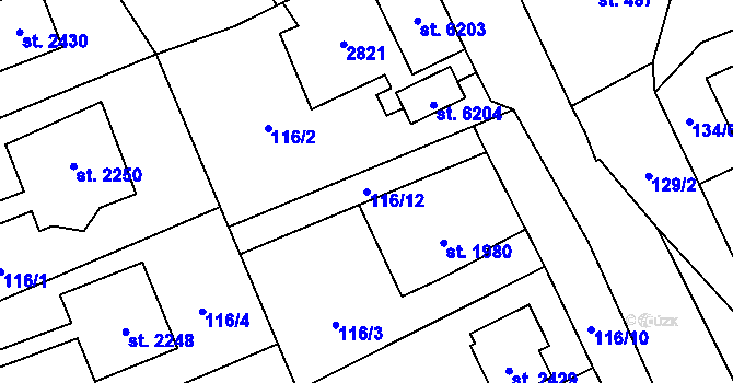 Parcela st. 116/12 v KÚ Hranice, Katastrální mapa